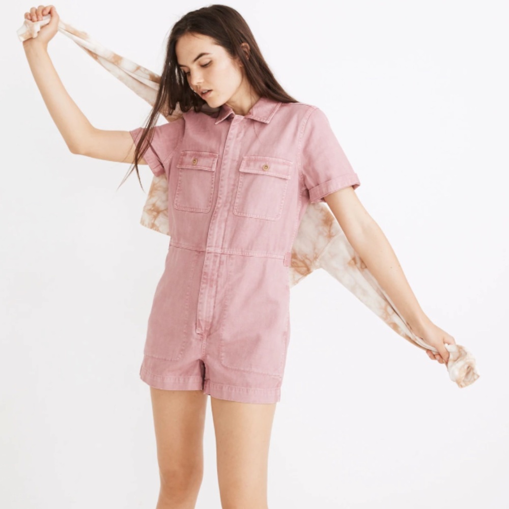 Madewell‎ Pink Garment Dyed Coverall Shorts Denim Romper Size Medium